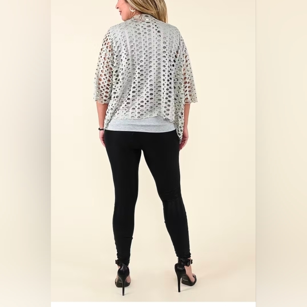 Tamsy White Lace Cardigan Gray Tank Top with Gold Sequins and Cut Out Jacket - Picture 2 of 6